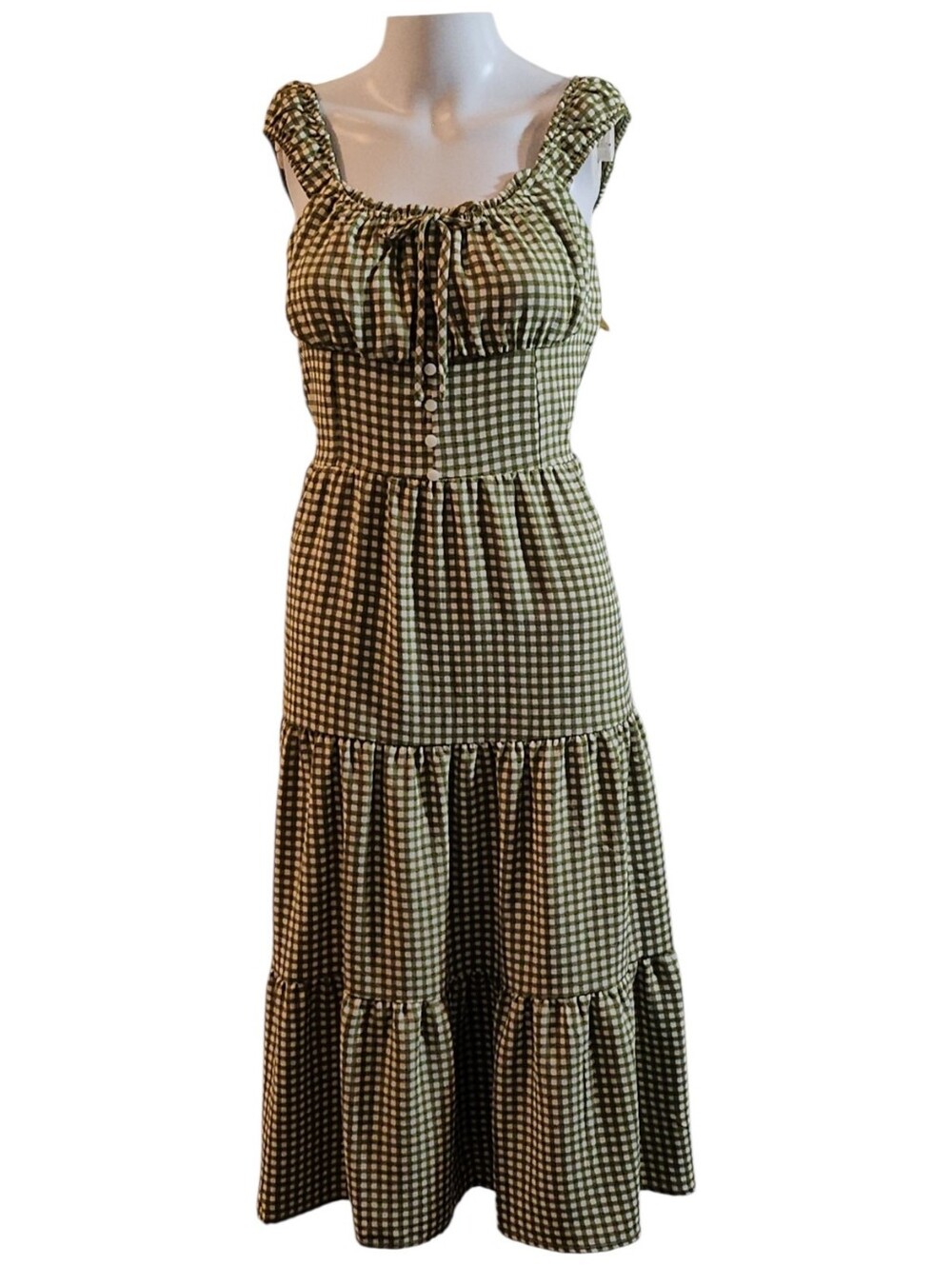 Monteau Tiered Green White Midi Dress Meduim NWT